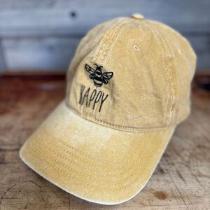 Bee Happy Mustard Yellow Distressed Look Baseball Cap Adult Adjustable Hat